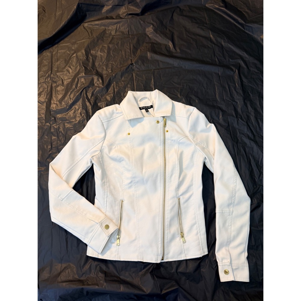 Baccini White Faux Leather Moto Jacket Gold Hardware Size S NWT